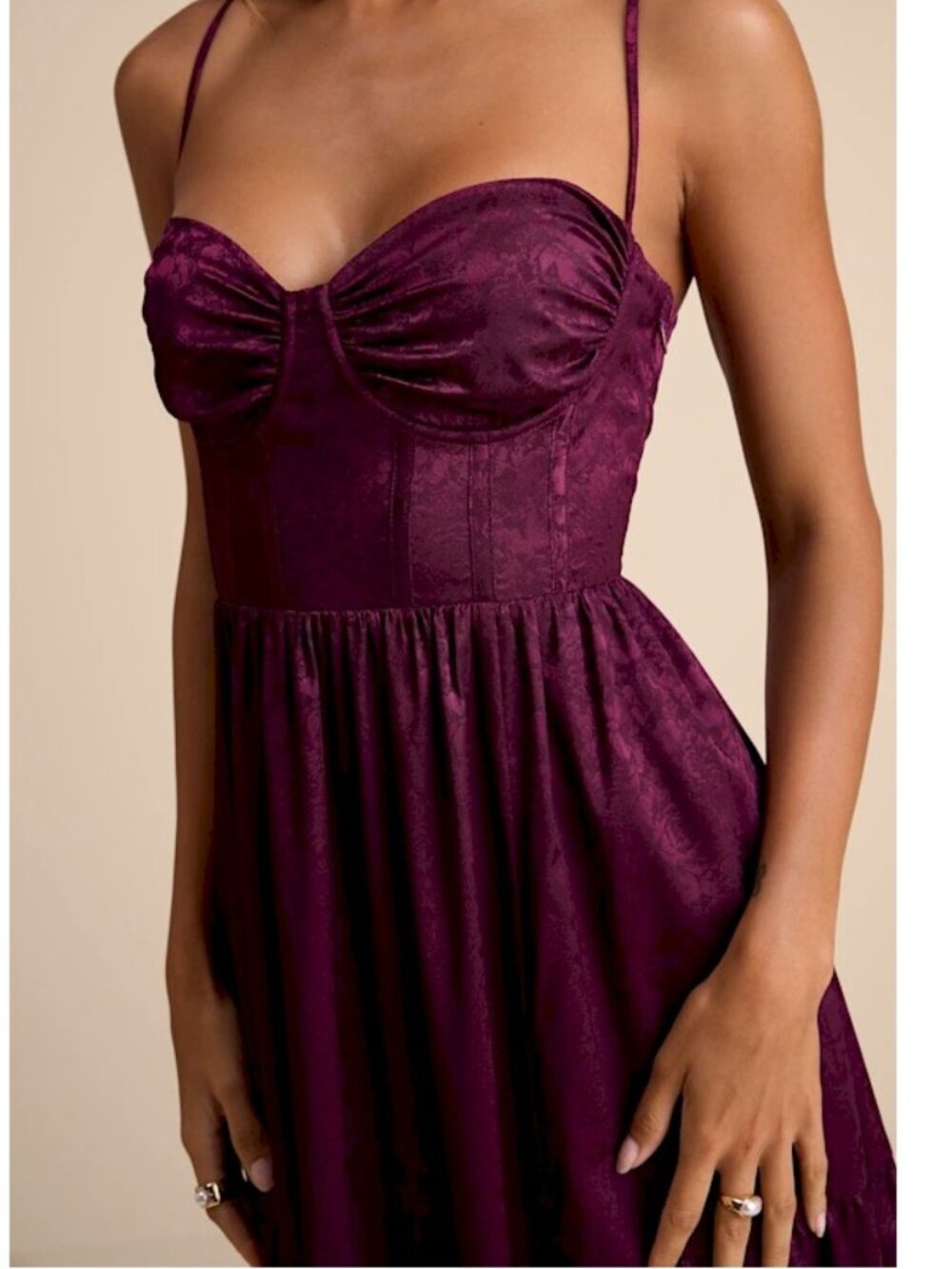 Lulus Vasilia Plum Satin Jacquard Tiered Corset Maxi Dress Medium New NWT - Picture 3 of 7